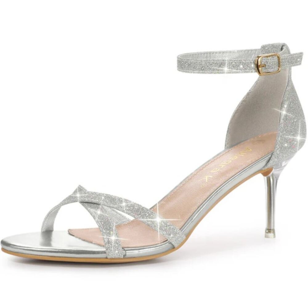 Allegra K Sandals Womens 11 Silver Glitter Strap Stiletto Heels Open Toe NEW
